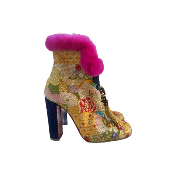 Christian Louboutin May Wong 100 Floral & Rabbit Fur Block Heel Booties - Picture 5 of 10